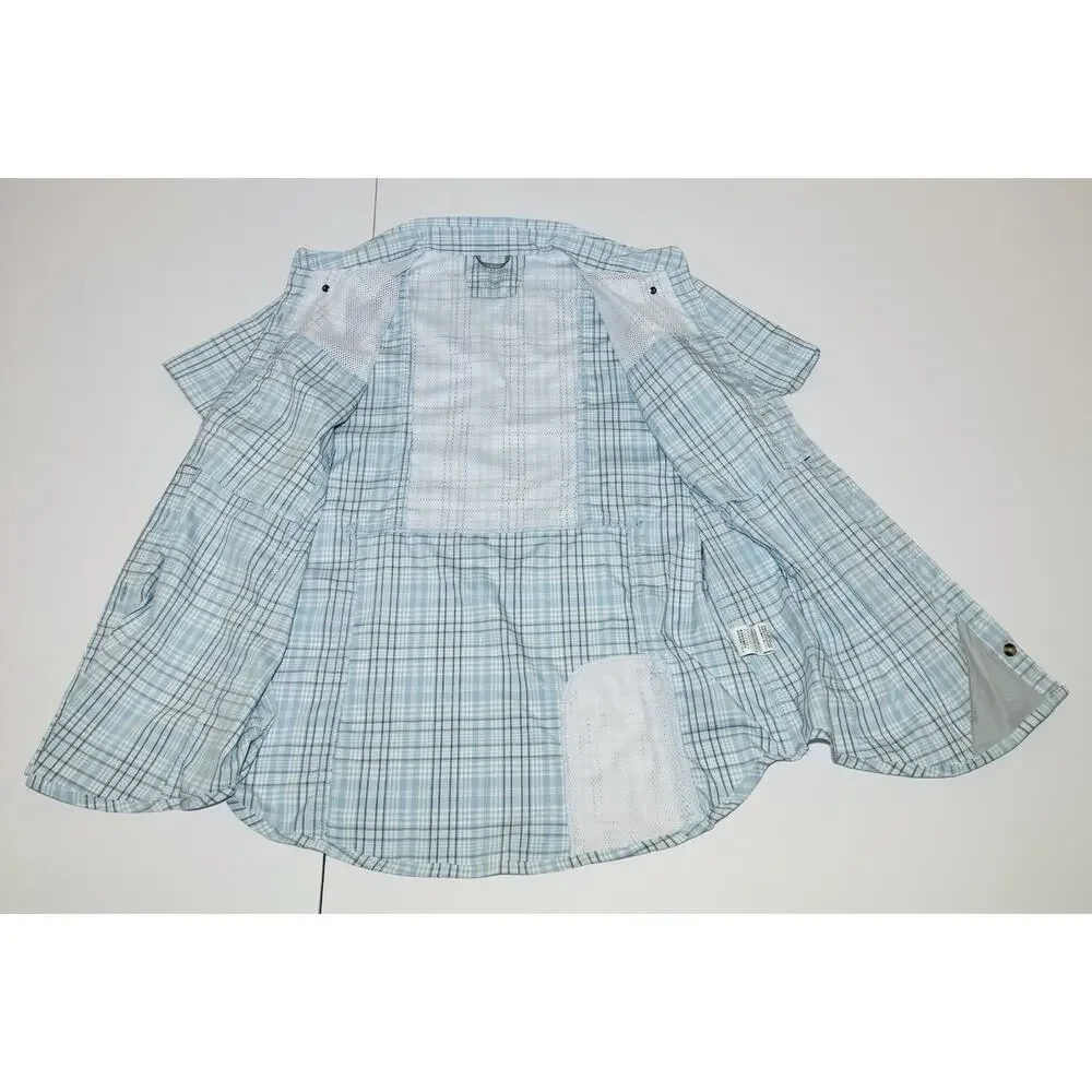 LL Bean Woman’s Tropicwear Shirt Size Small Short Sleeve Sky Blue Plaid - Picture 10 of 12